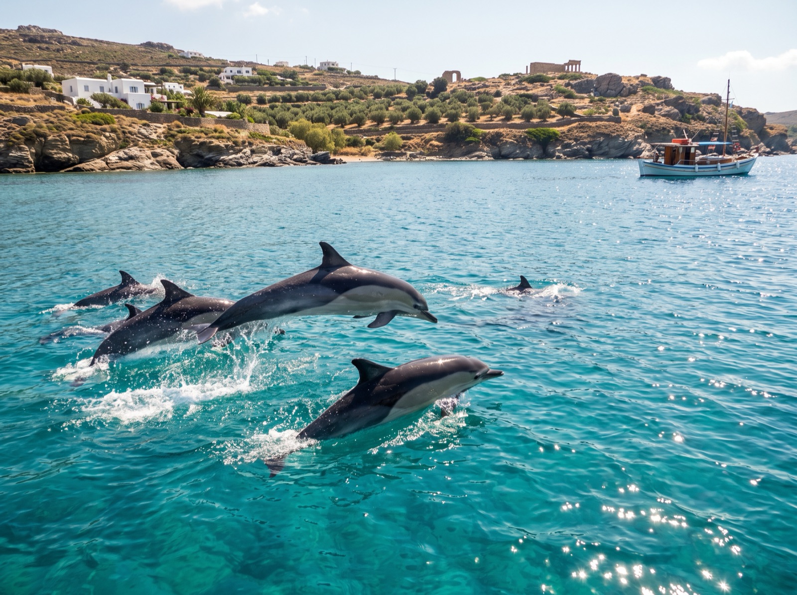 Delfines saltando en aguas turquesas junto a una embarcación