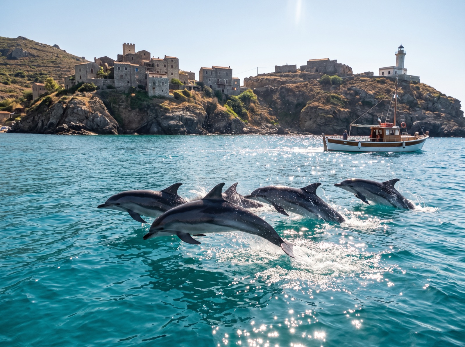 Delfines nadando junto a la proa de una embarcación en el Mediterráneo